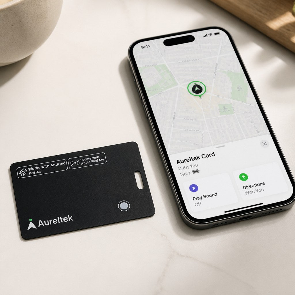 Aureltek card beside a phone showing its location on a clean map