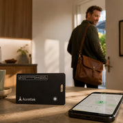 Aureltek tracking card on a counter with the app open