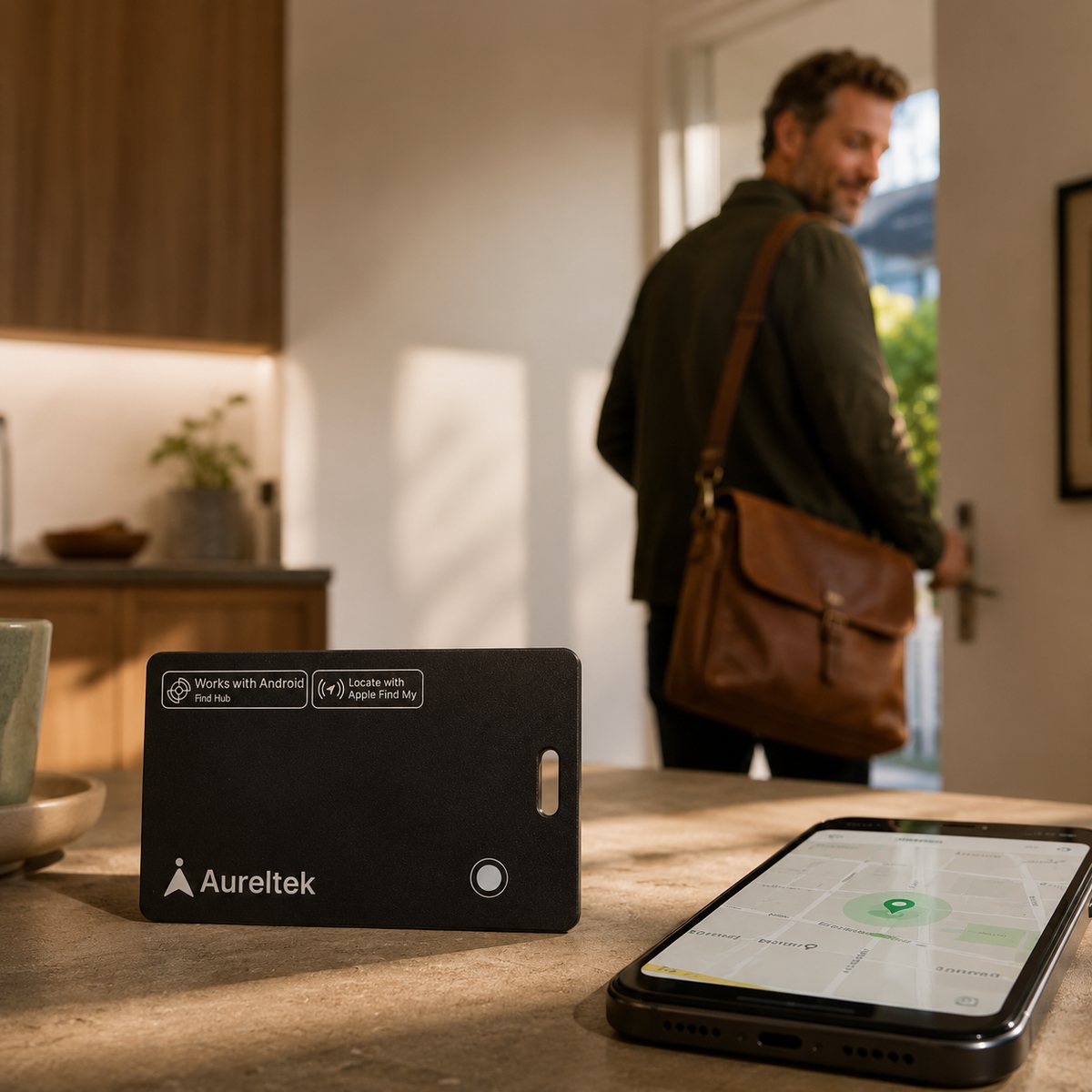 Aureltek tracking card on a counter with the app open