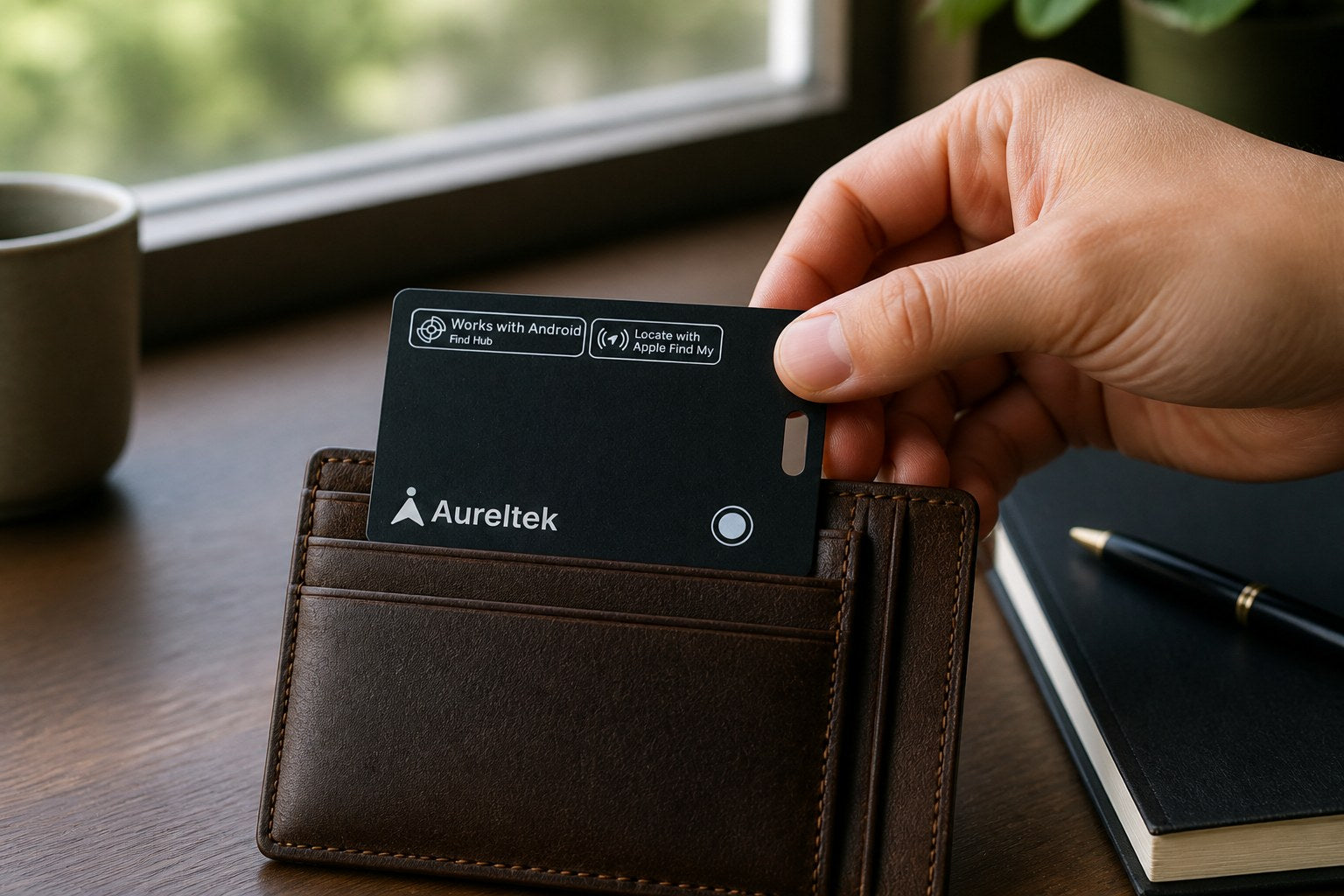 Slim Aureltek card sliding into a leather wallet slot