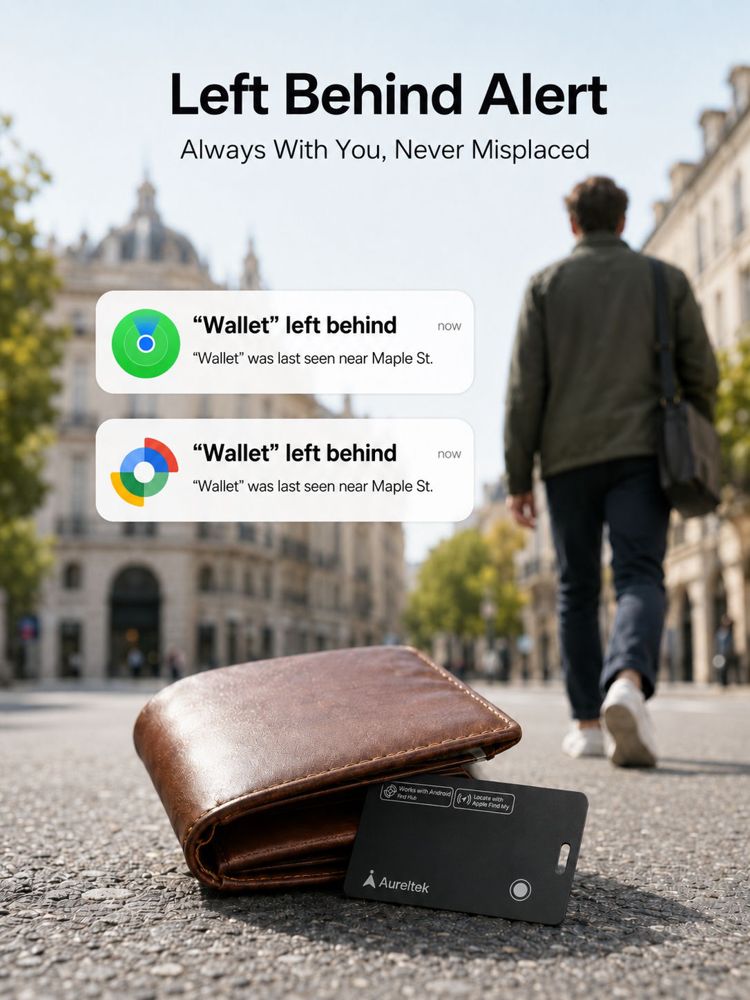 A man reaching his door, phone alerting him he left his wallet
